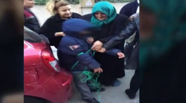 Anne oğlunu iple otomobile bağladı