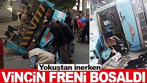 Trabzon'da freni boşalan vinç takla attı 