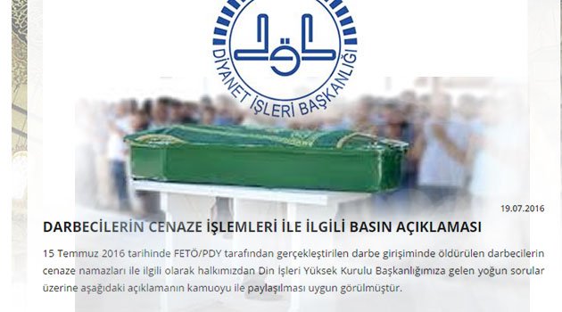 Diyanet darbeci askerlerin cenaze namazlarını kıldırmayacak, din hizmeti vermeyecek
