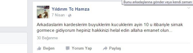 Şehit Onbaşı Yıldırım, Sosyal Paylaşım Hesabından Helallik İstemiş